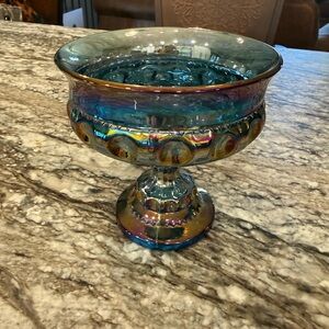 Elegant Blue and Gold Glass Pedestal Bowl